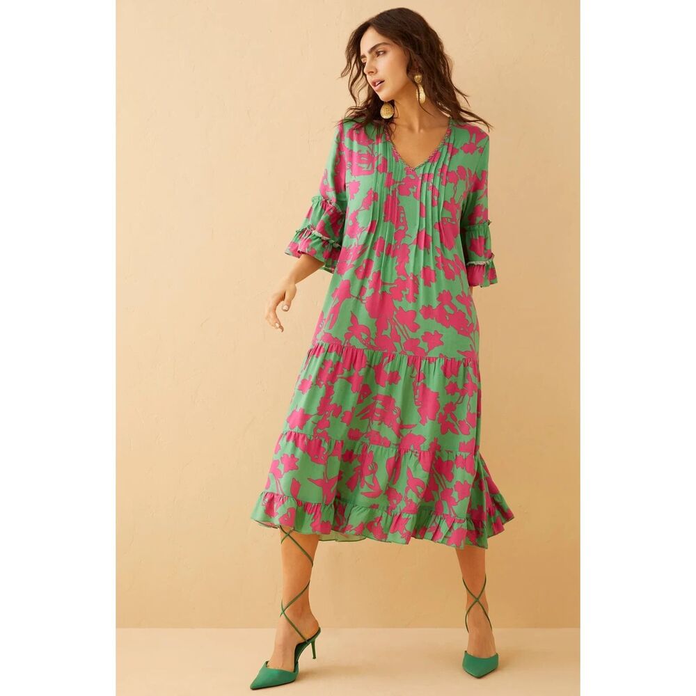 BOHERA M nwt cotton opal's joy flow dress viscose boho floral green pink flutter